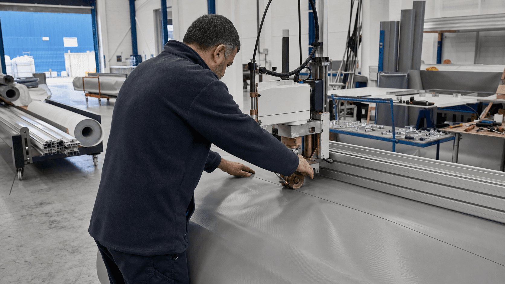 Operario cortando una lona tecnica con maquinaria de corte automatizado en el taller de Lonas Cobel