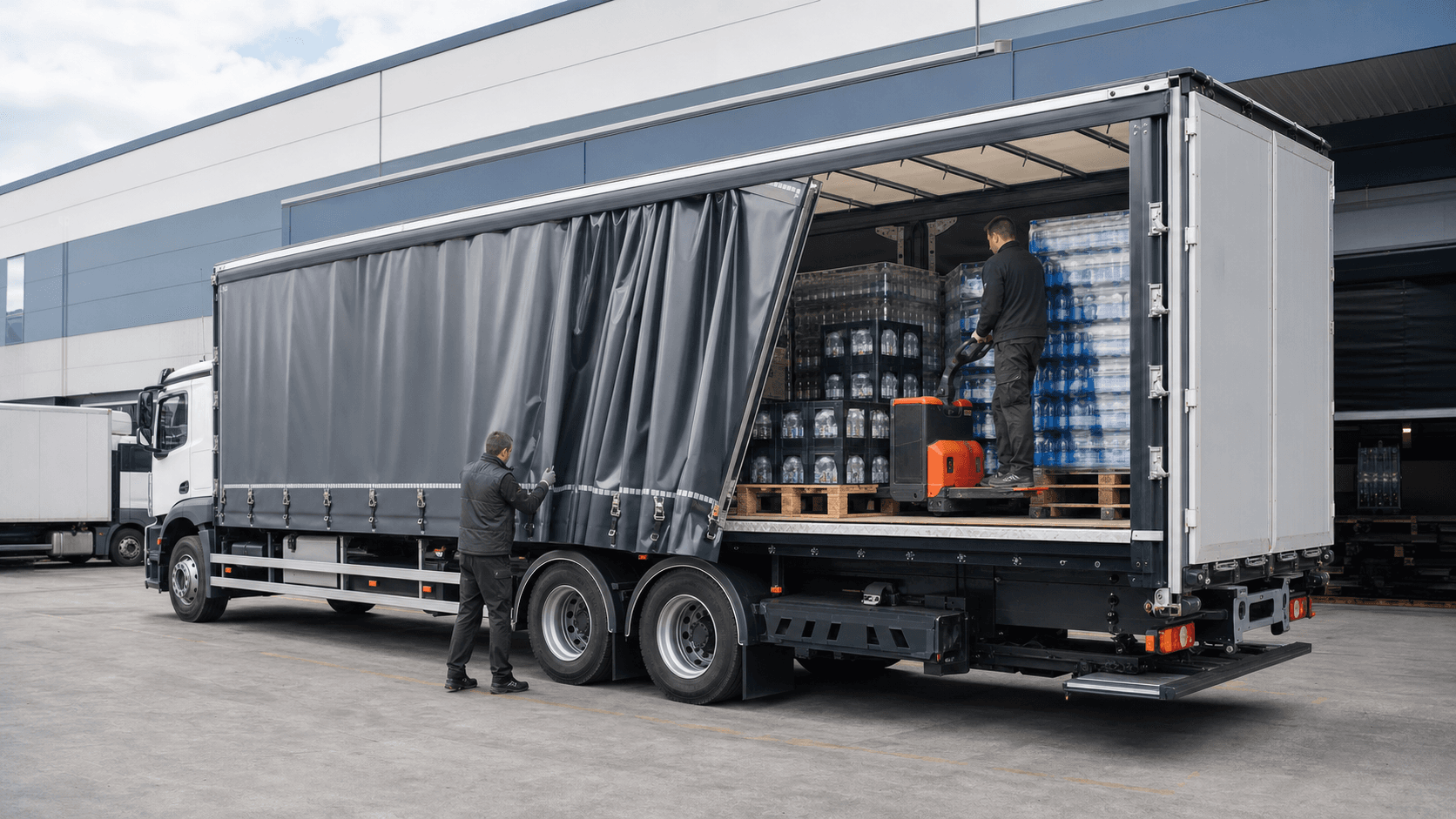 Camion con cortina lateral textil abierta durante una operacion de carga