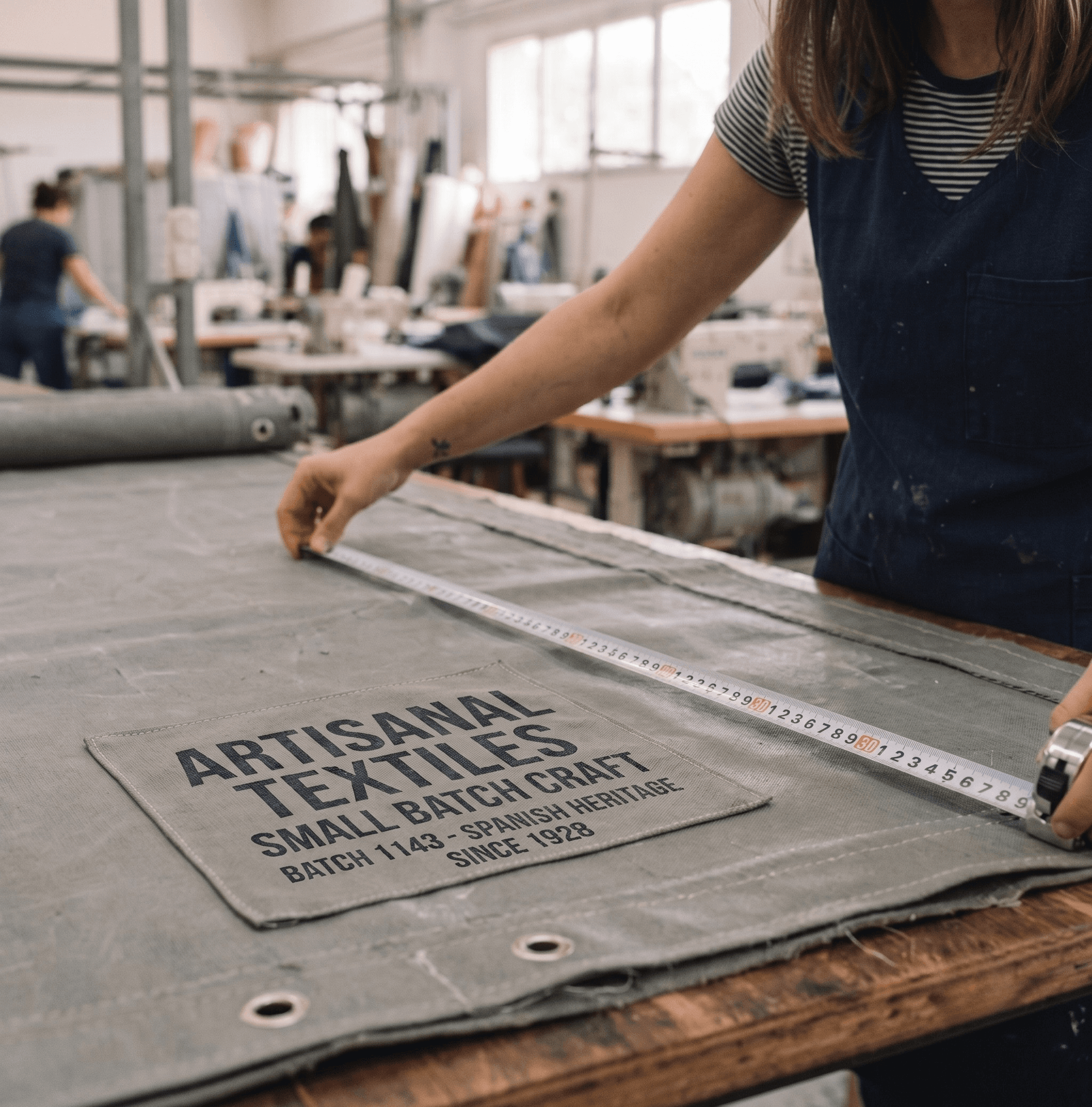 Medicion de una lona a medida sobre la mesa de trabajo del taller